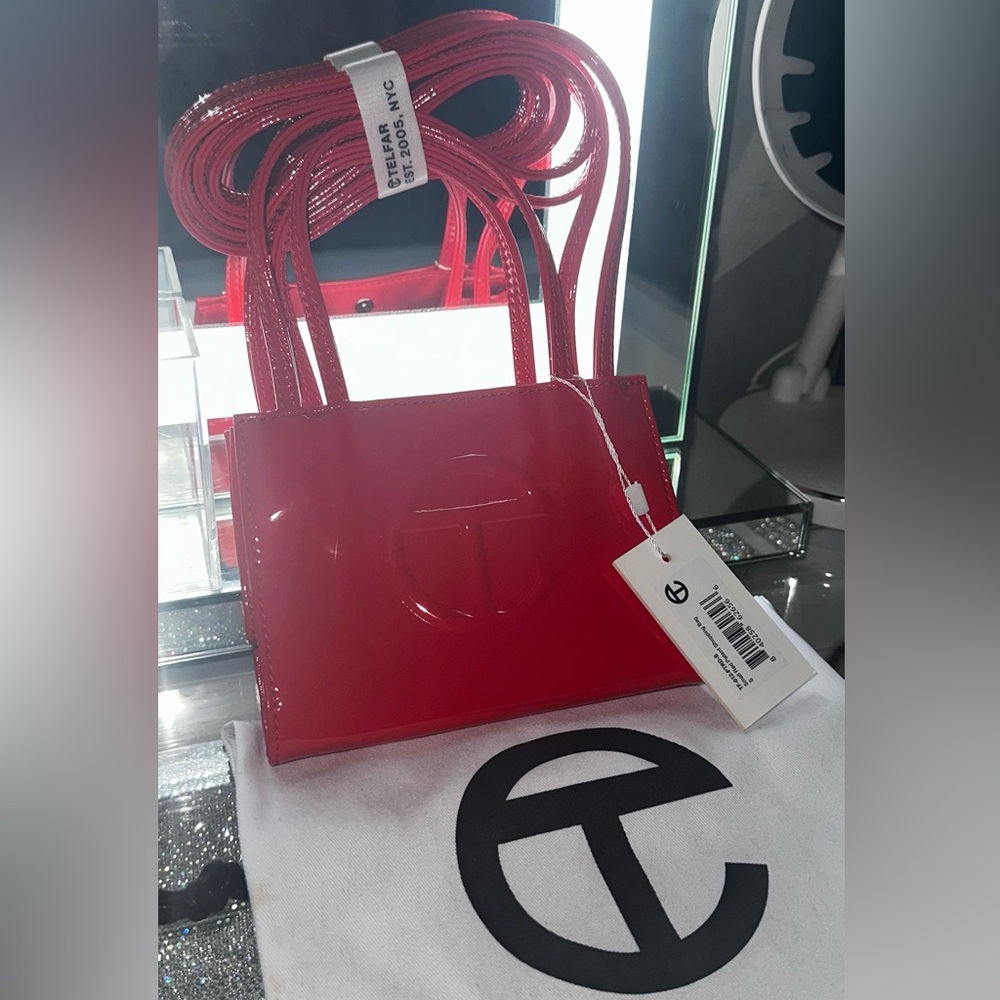 small red patent telfar shopping bag